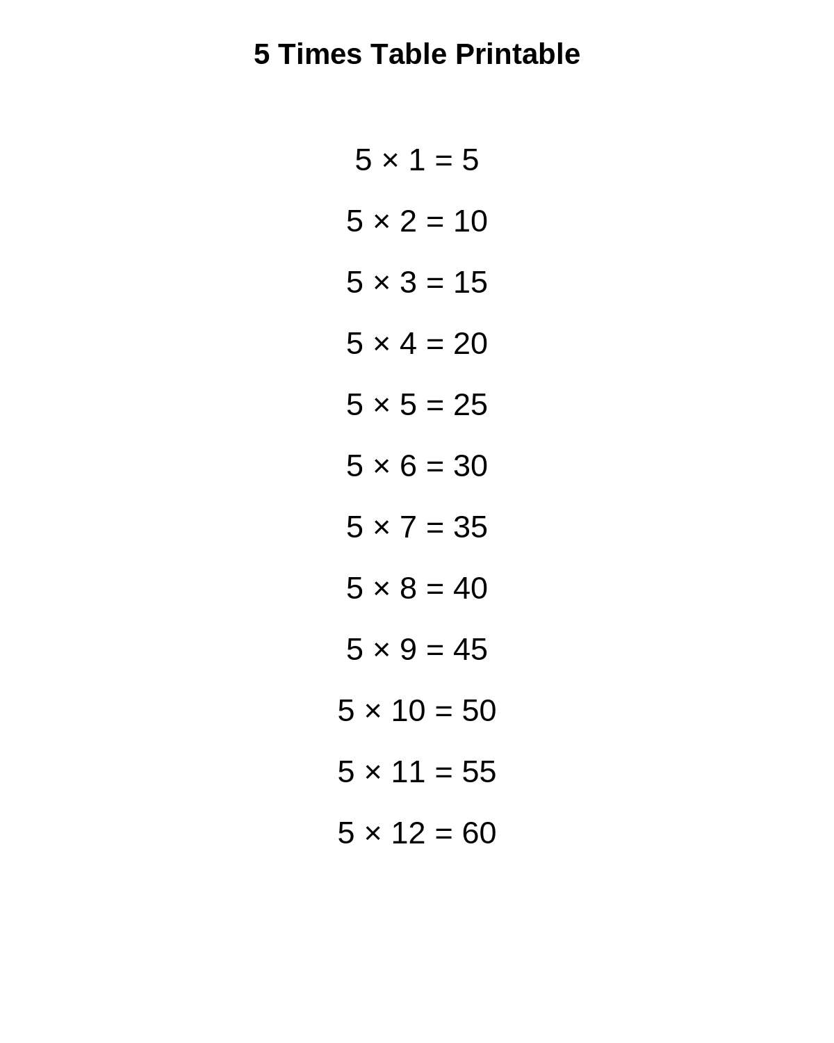 5 Times Table Printable