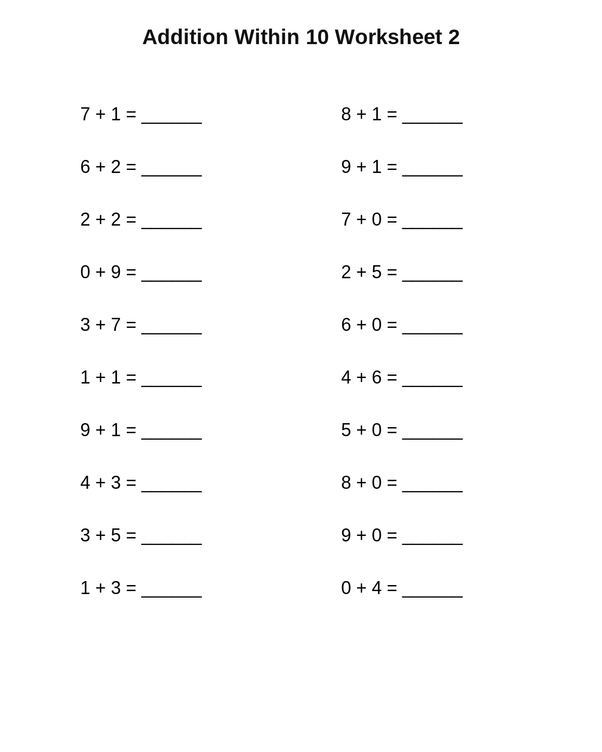 Addition Within 10 Worksheet 2