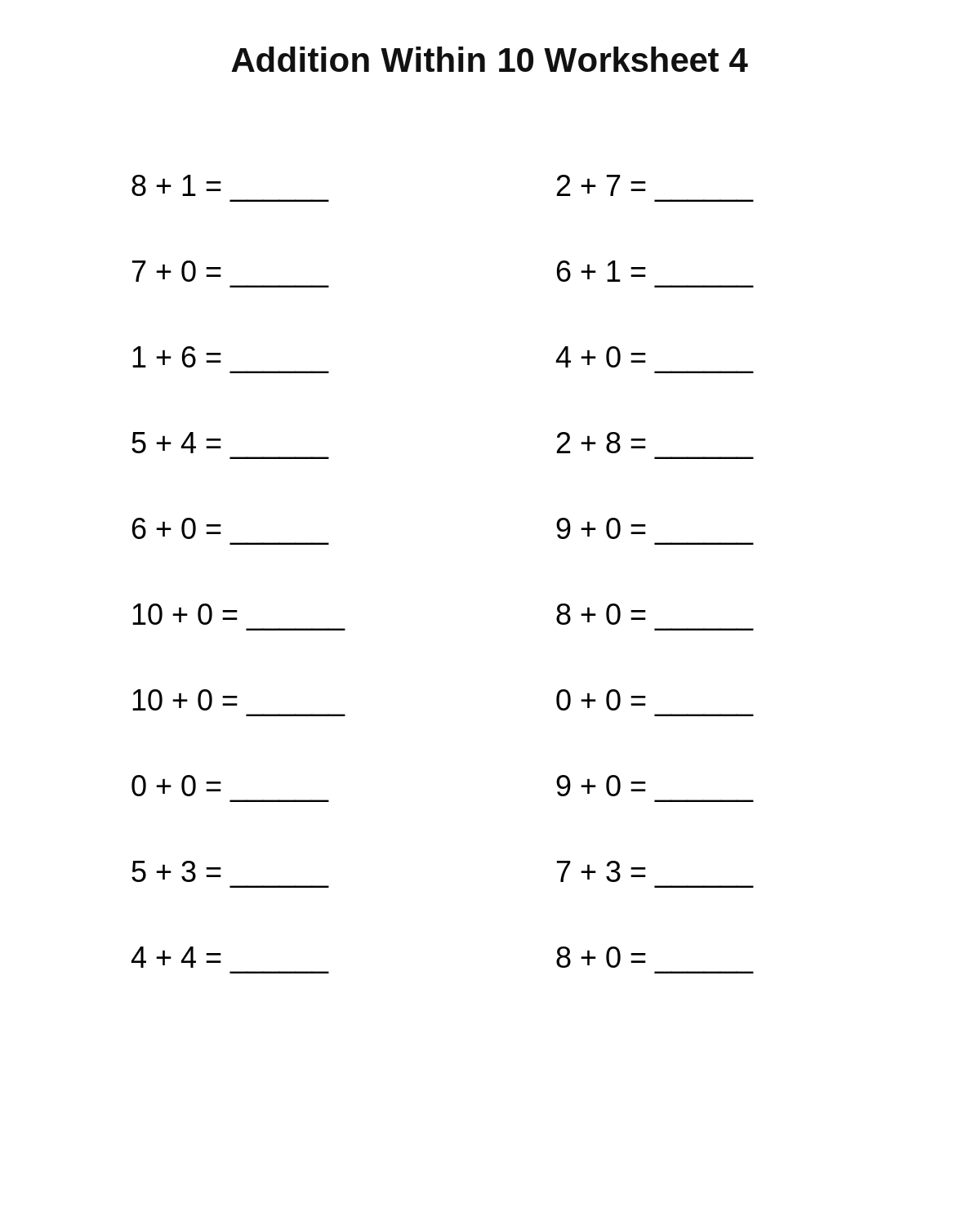 Addition Within 10 Worksheet 4