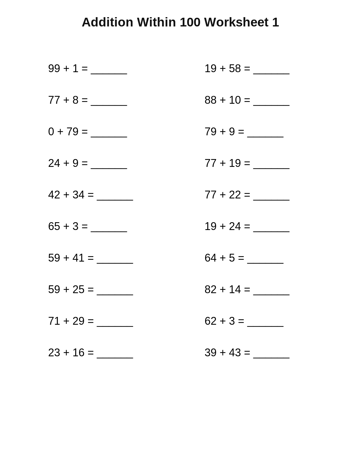 Addition Within 100 Worksheet 1
