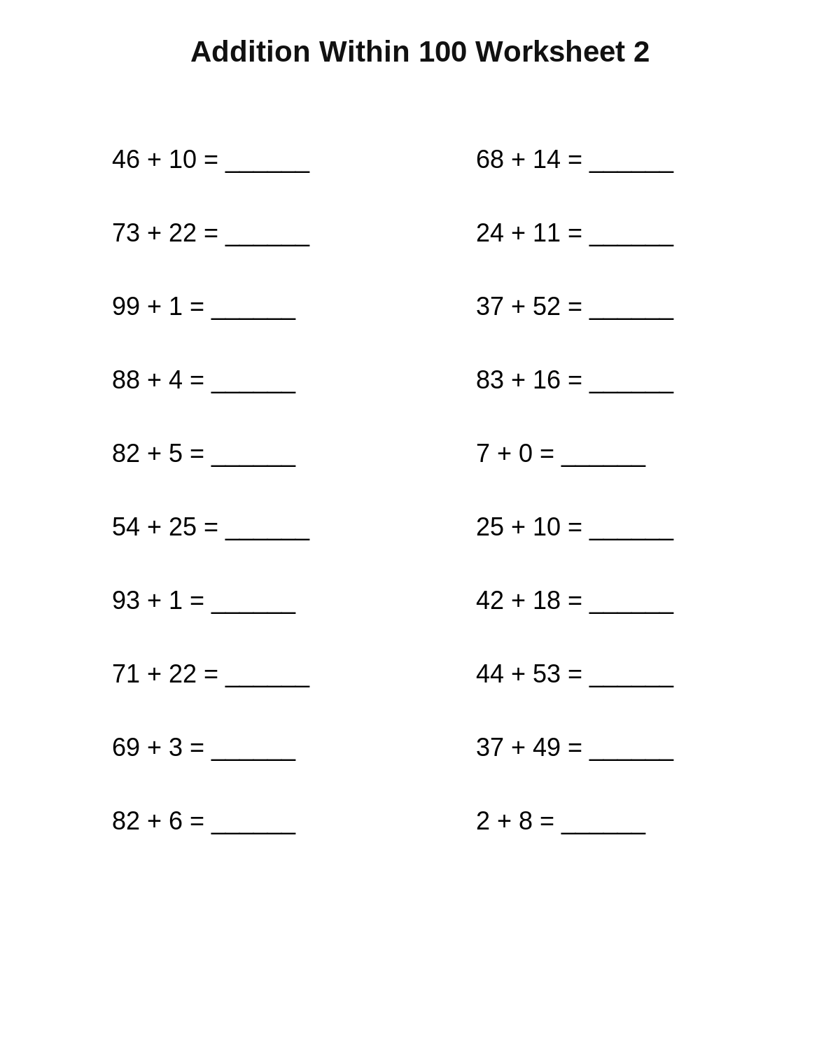 Addition Within 100 Worksheet 2