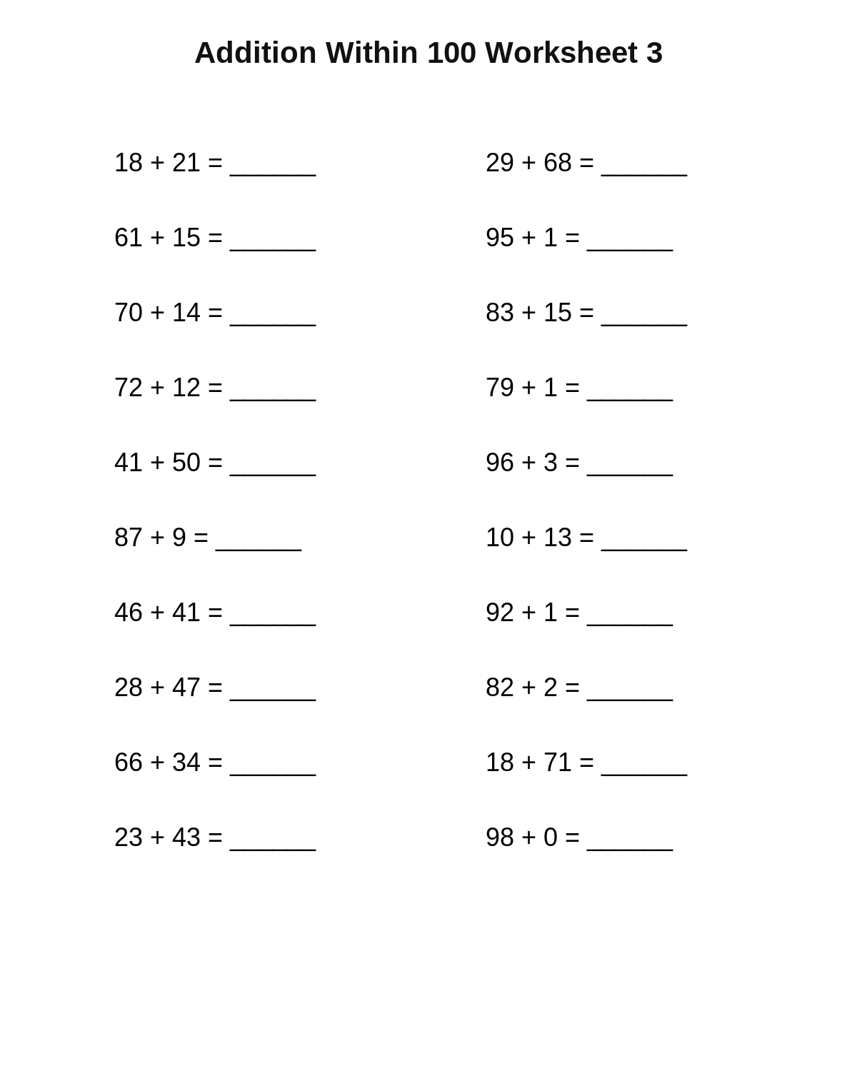 Addition Within 100 Worksheet 3