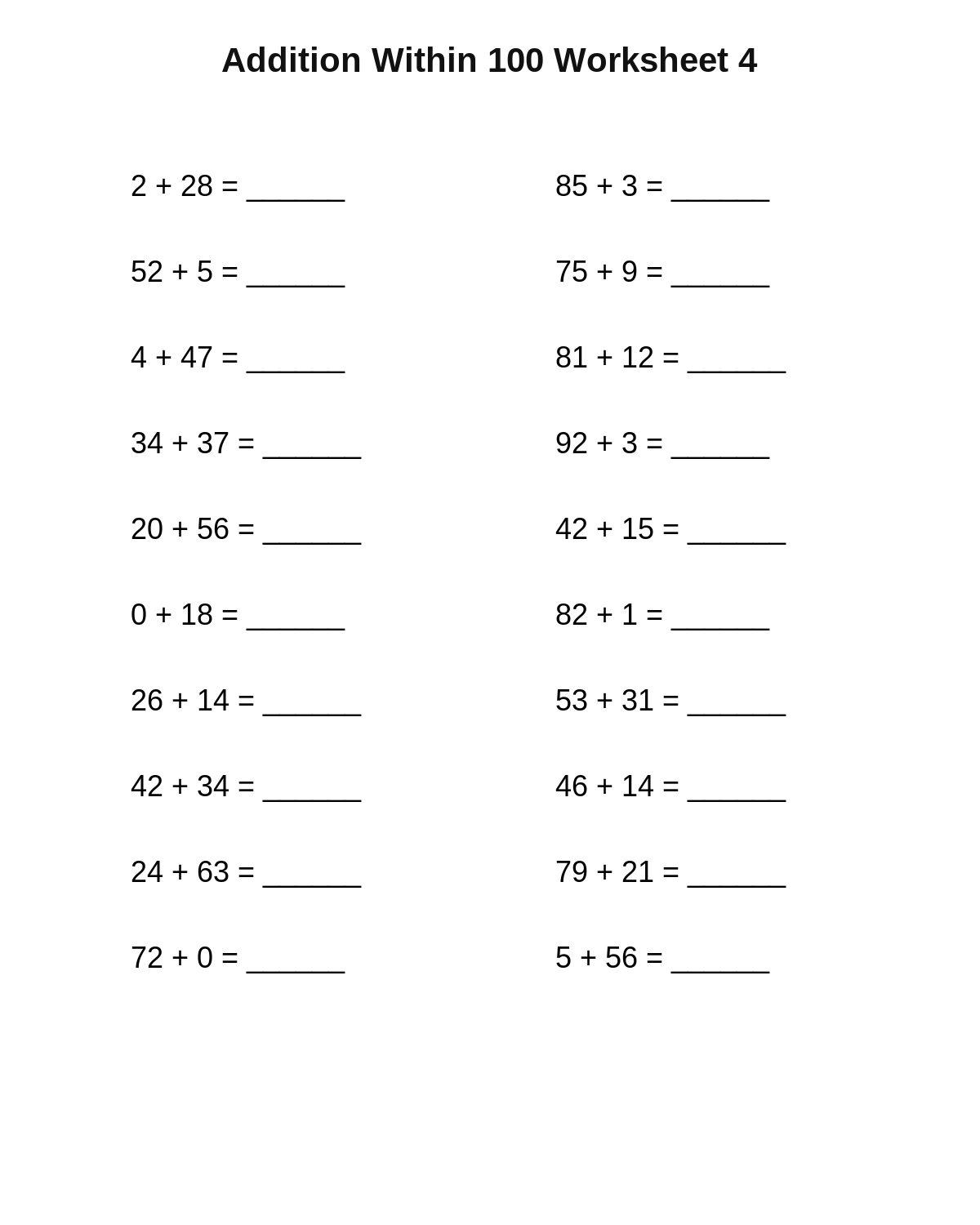 Addition Within 100 Worksheet 4
