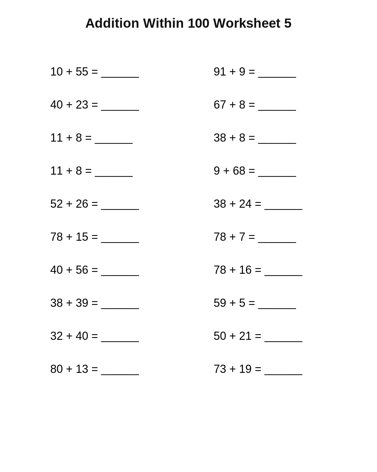 Addition Within 100 Worksheet 5