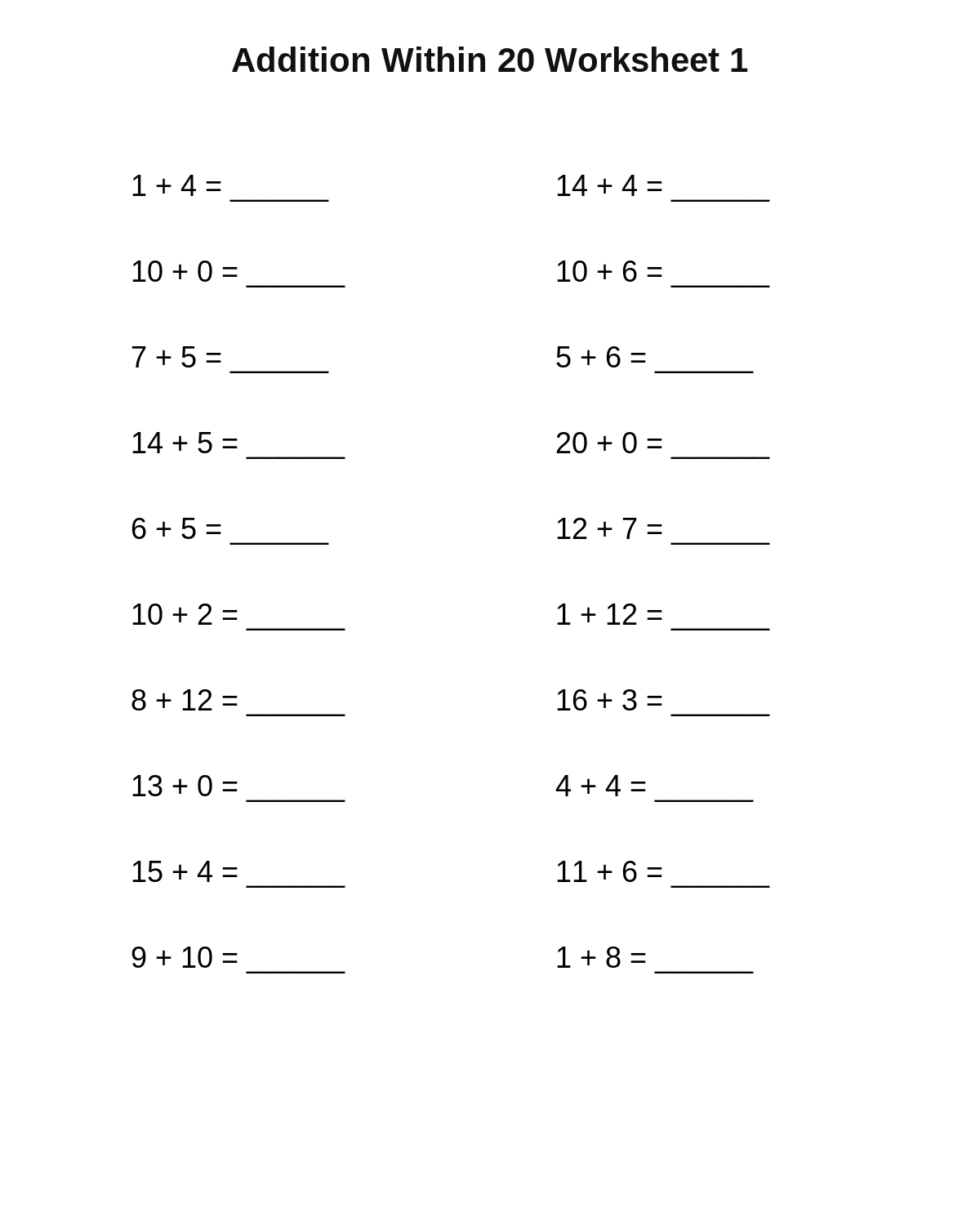 Addition Within 20 Worksheet 1