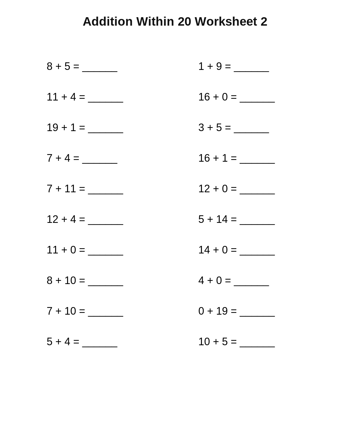 Addition Within 20 Worksheet 2