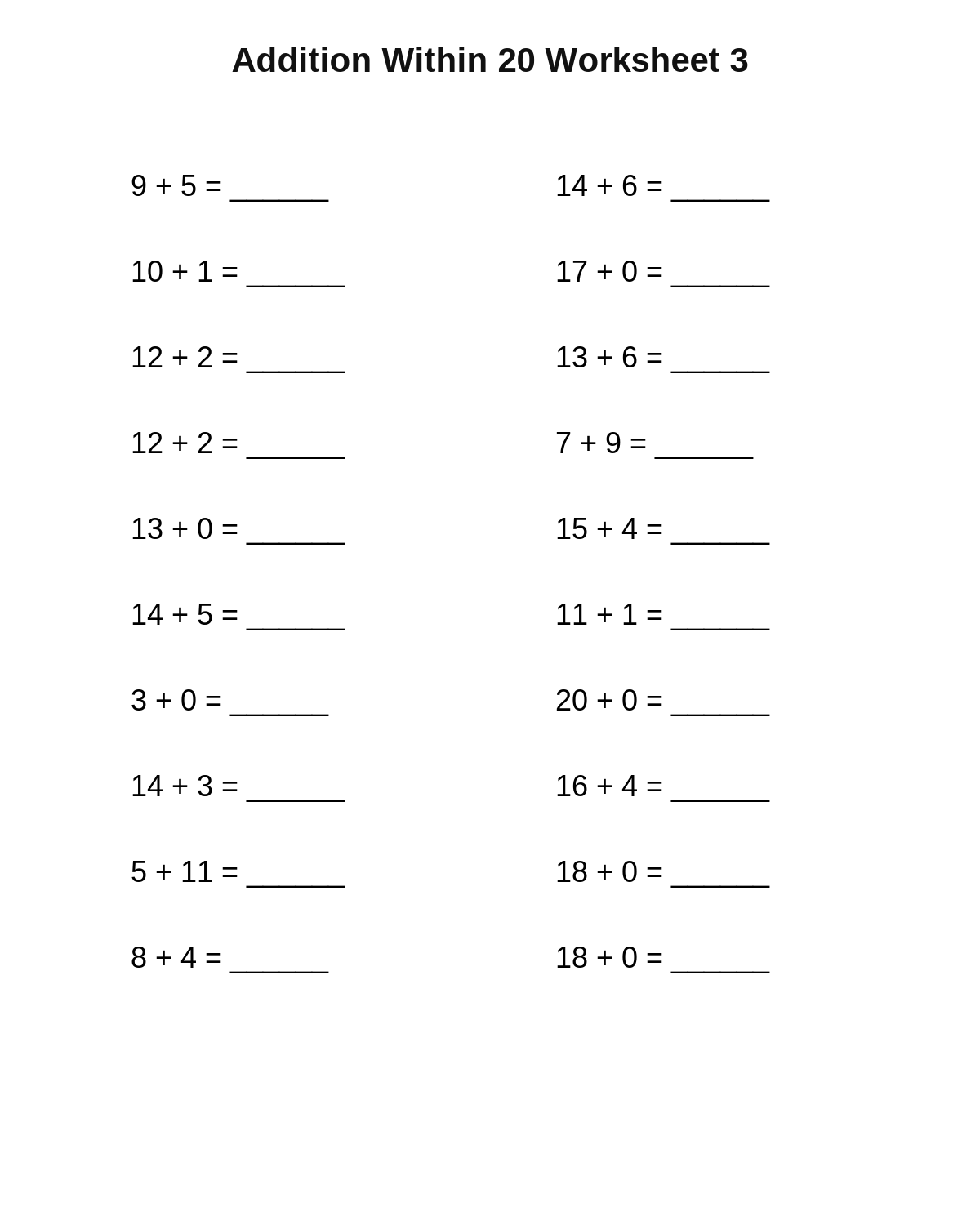 Addition Within 20 Worksheet 3