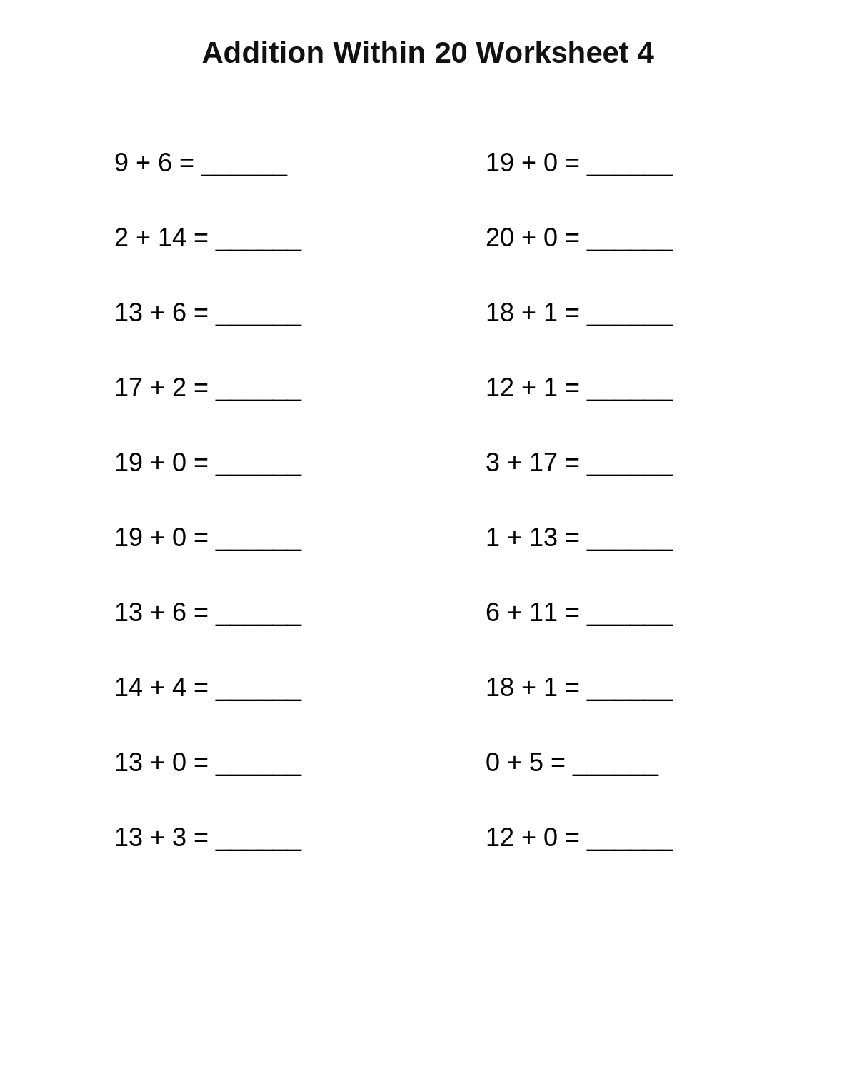 Addition Within 20 Worksheet 4