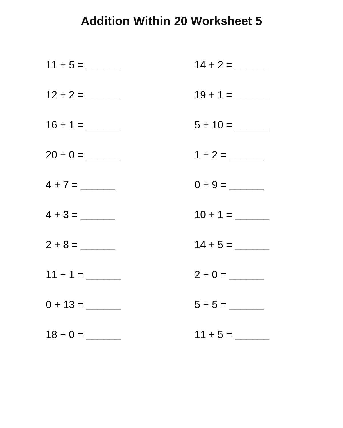 Addition Within 20 Worksheet 5