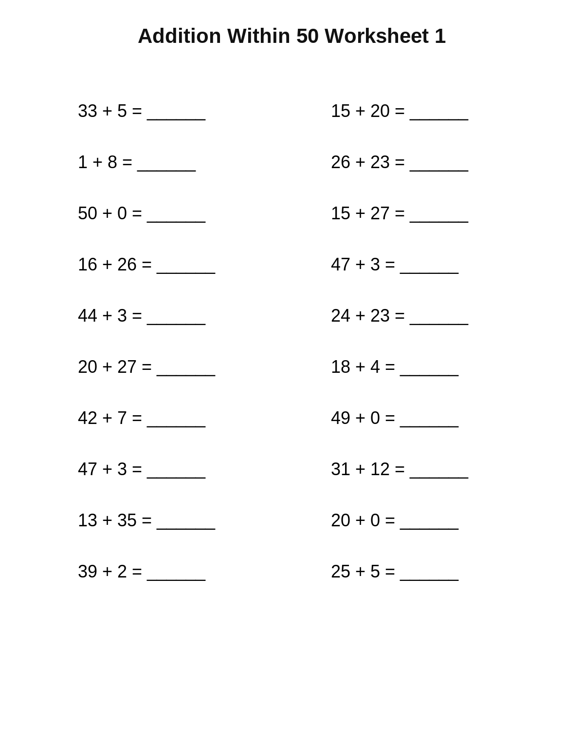 Addition Within 50 Worksheet 1