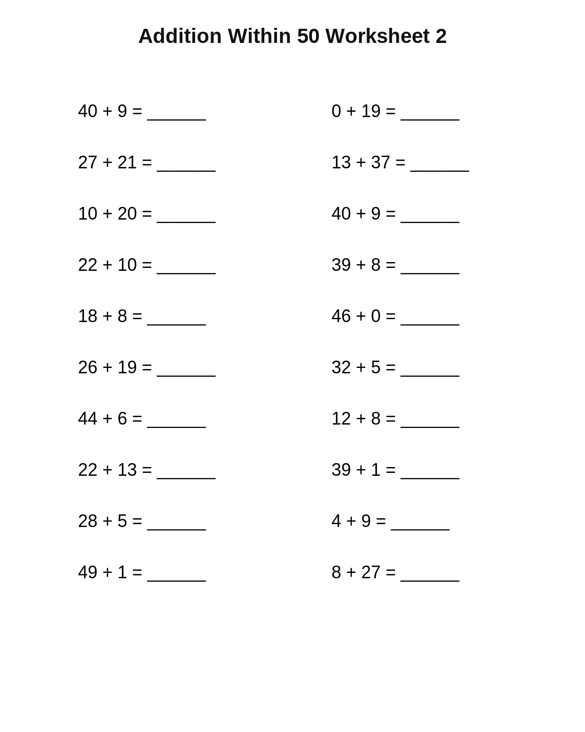 Addition Within 50 Worksheet 2