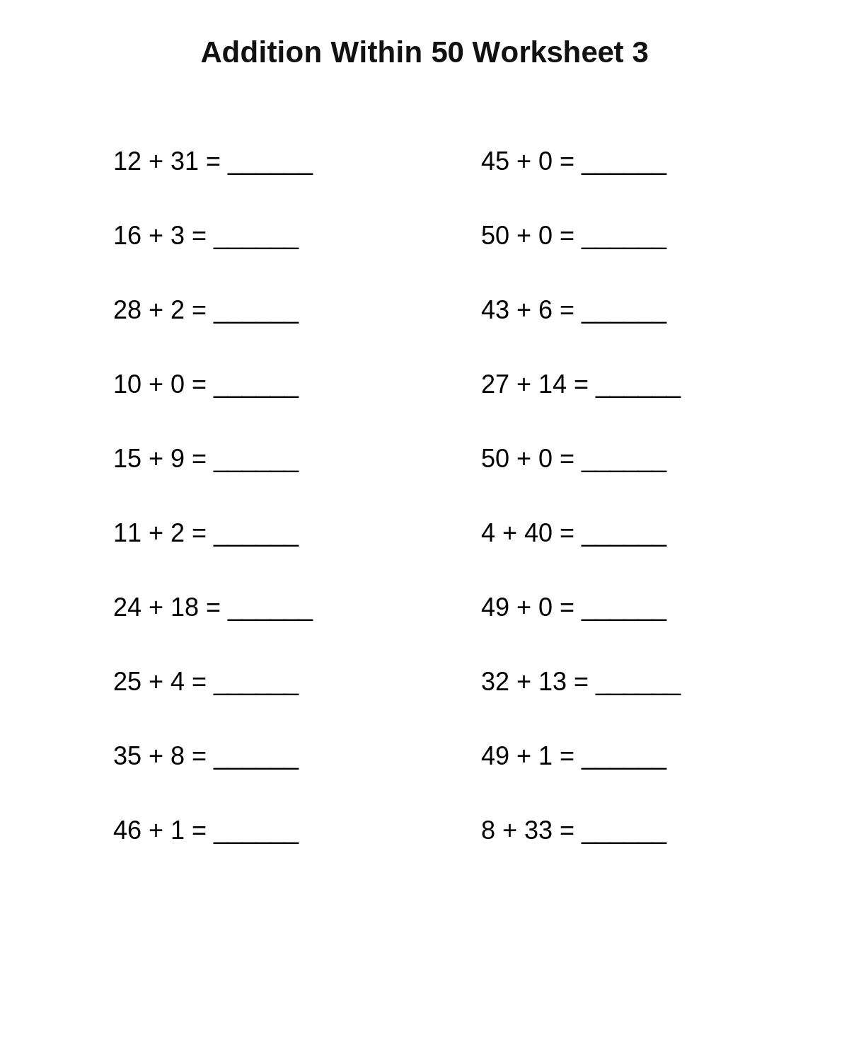 Addition Within 50 Worksheet 3