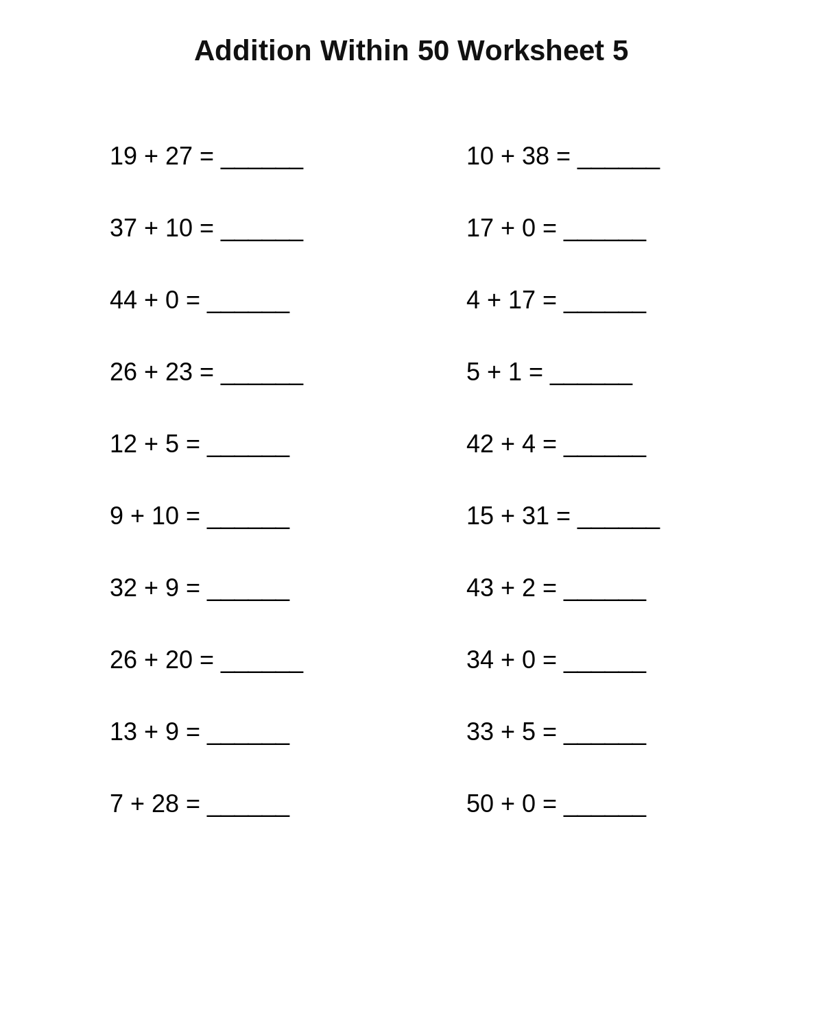 Addition Within 50 Worksheet 5