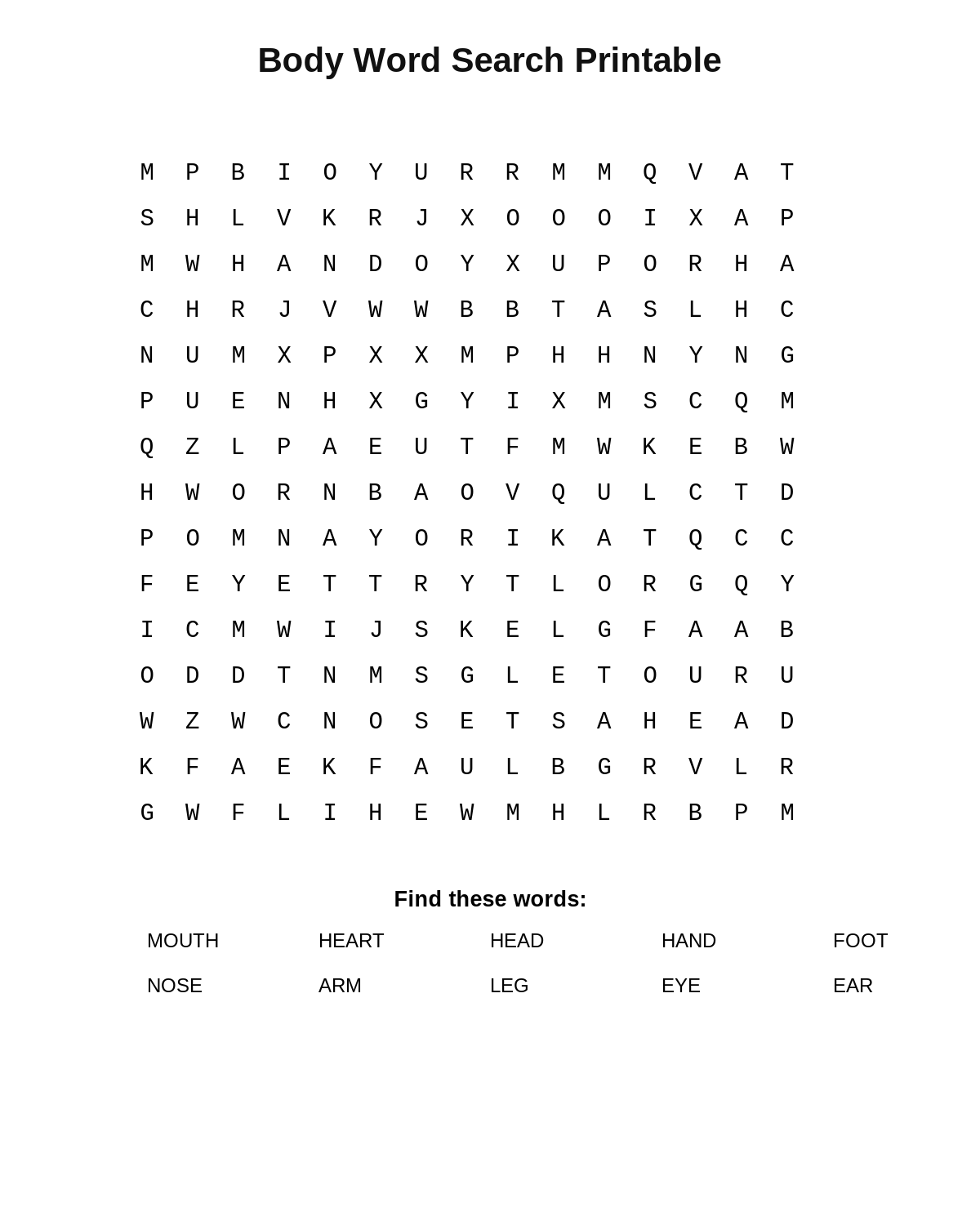 Body Word Search Printable