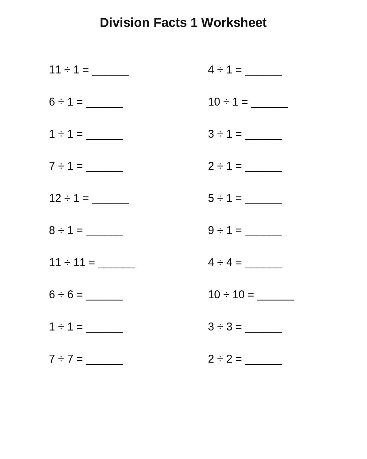 Division Facts 1 Worksheet
