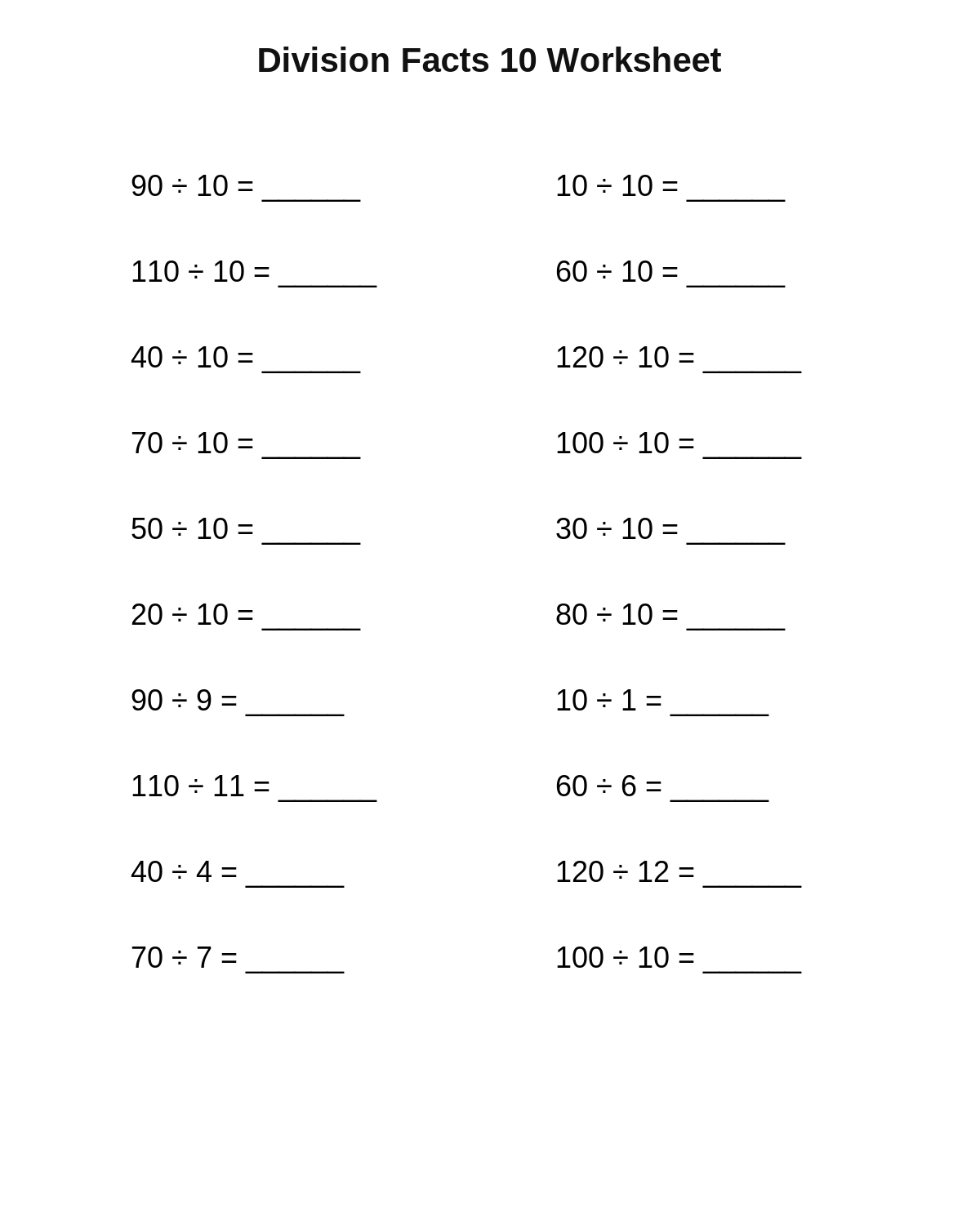 Division Facts 10 Worksheet