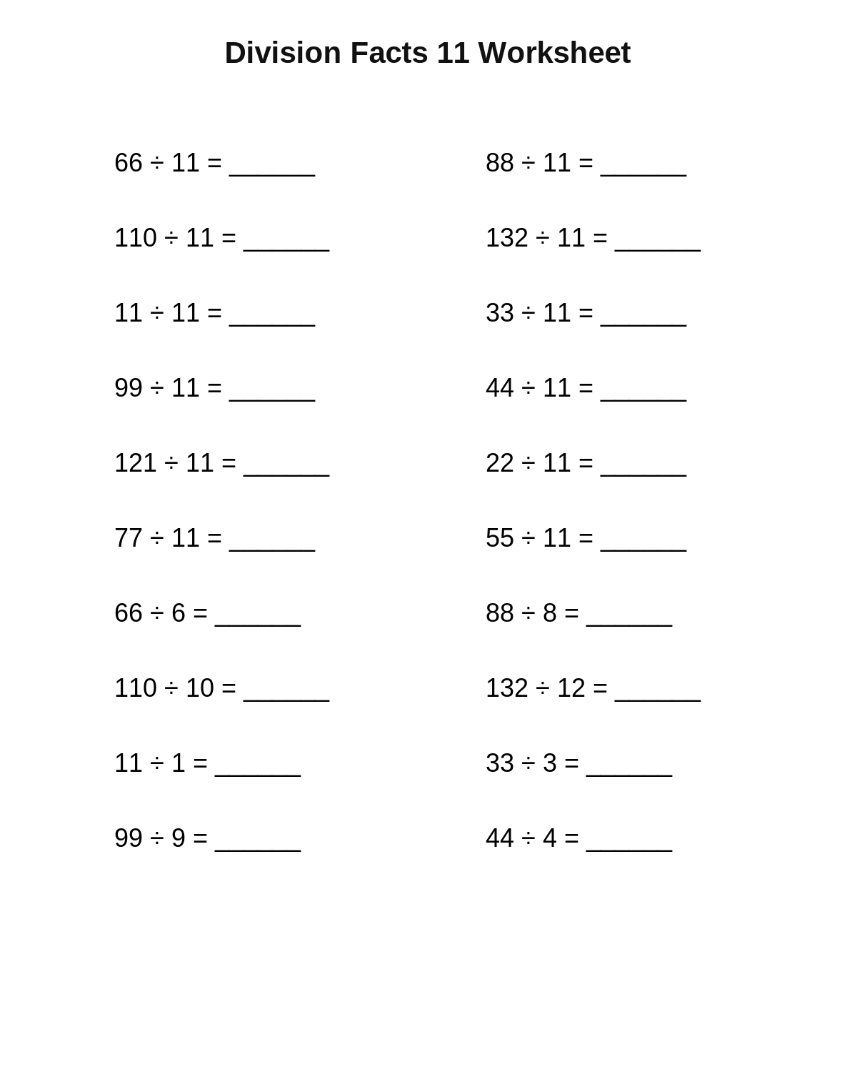 Division Facts 11 Worksheet