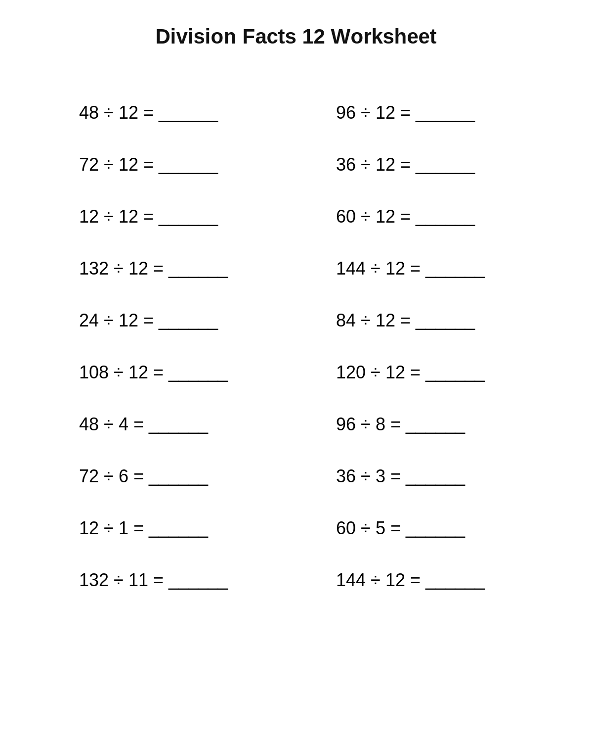 Division Facts 12 Worksheet
