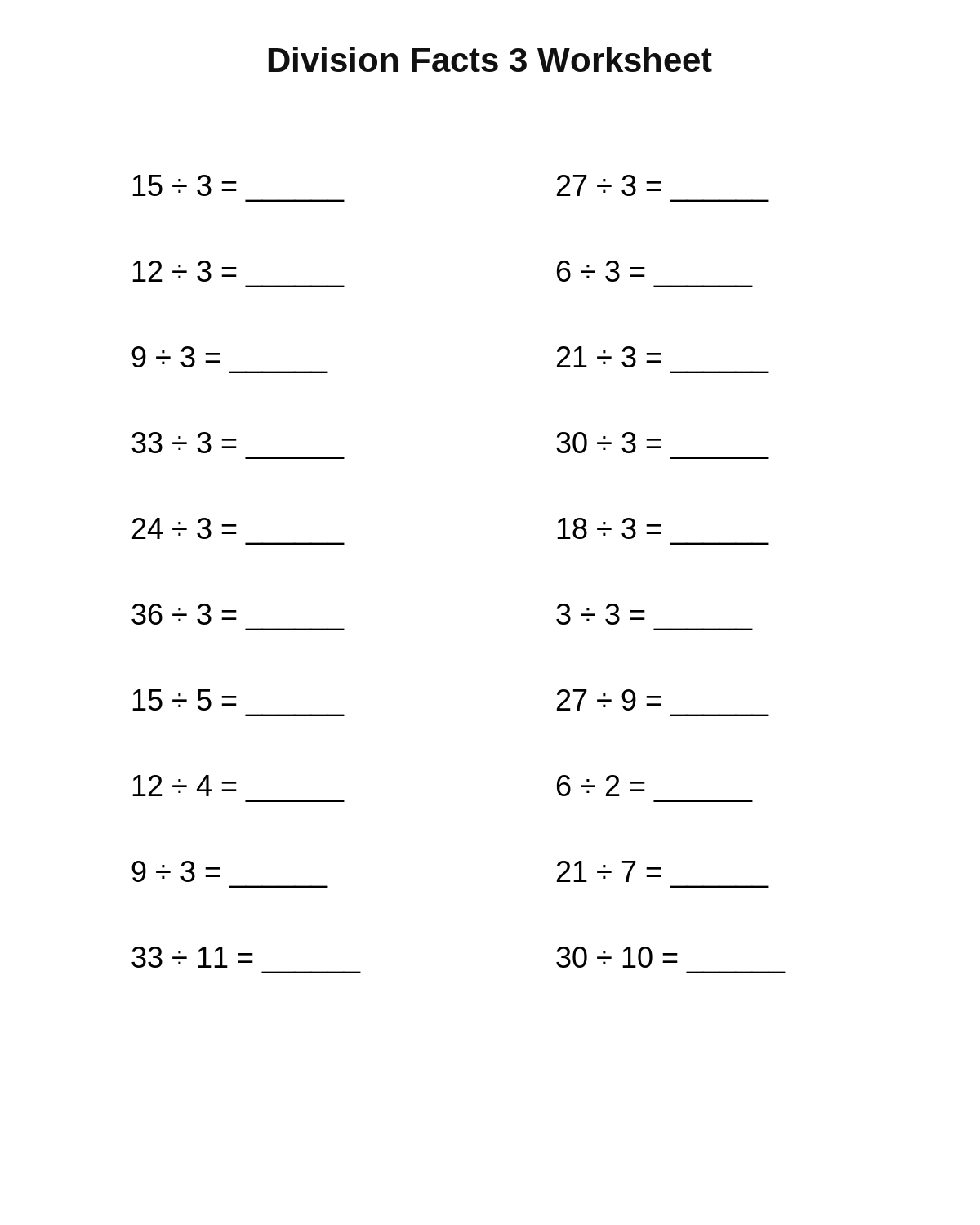 Division Facts 3 Worksheet