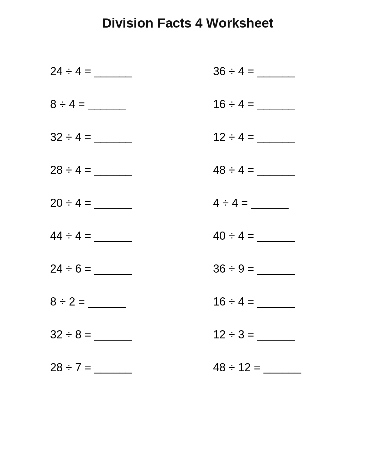 Division Facts 4 Worksheet