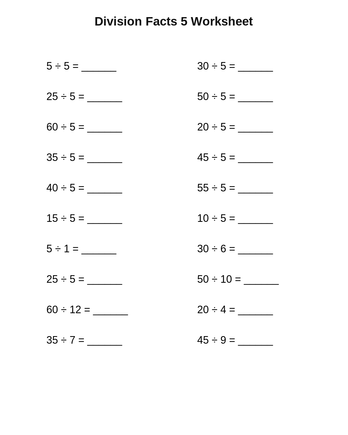 Division Facts 5 Worksheet