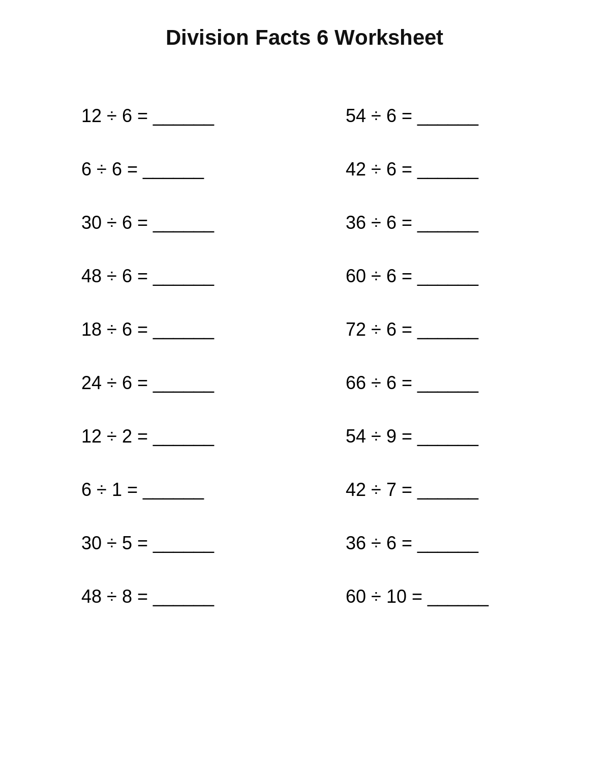 Division Facts 6 Worksheet