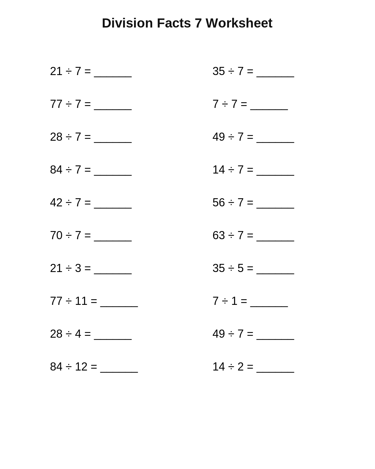 Division Facts 7 Worksheet