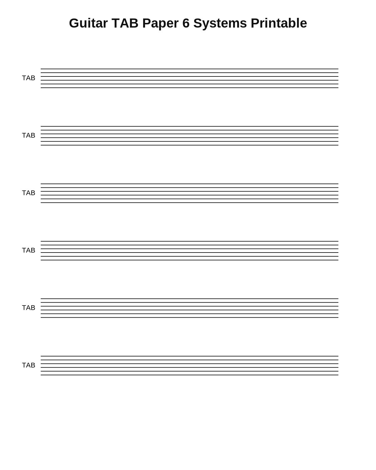 Guitar TAB Paper 6 Systems Printable