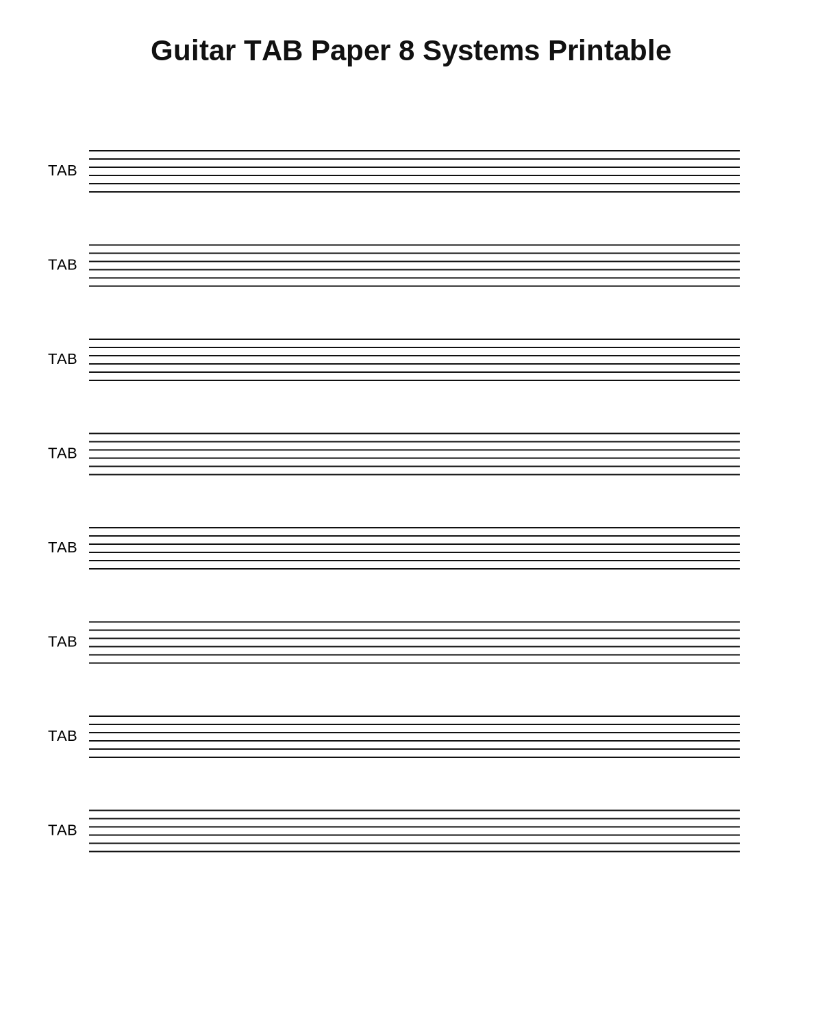 Guitar TAB Paper 8 Systems Printable