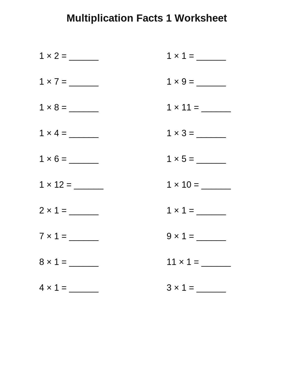 Multiplication Facts 1 Worksheet