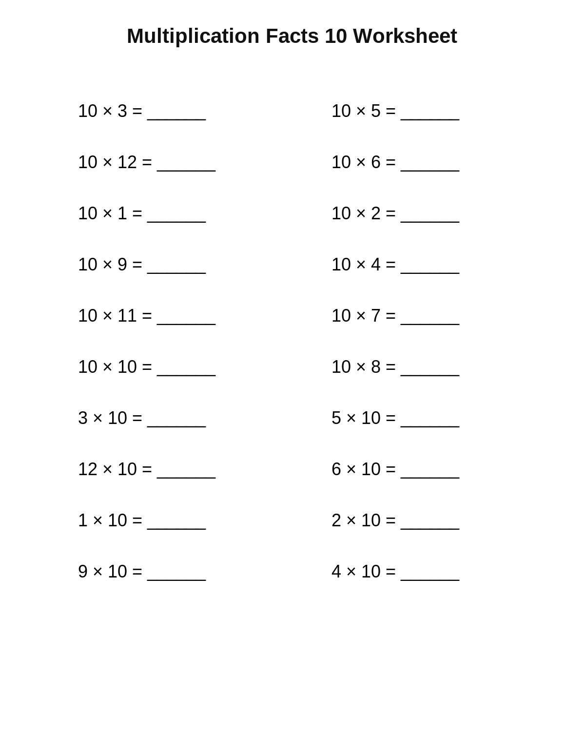 Multiplication Facts 10 Worksheet
