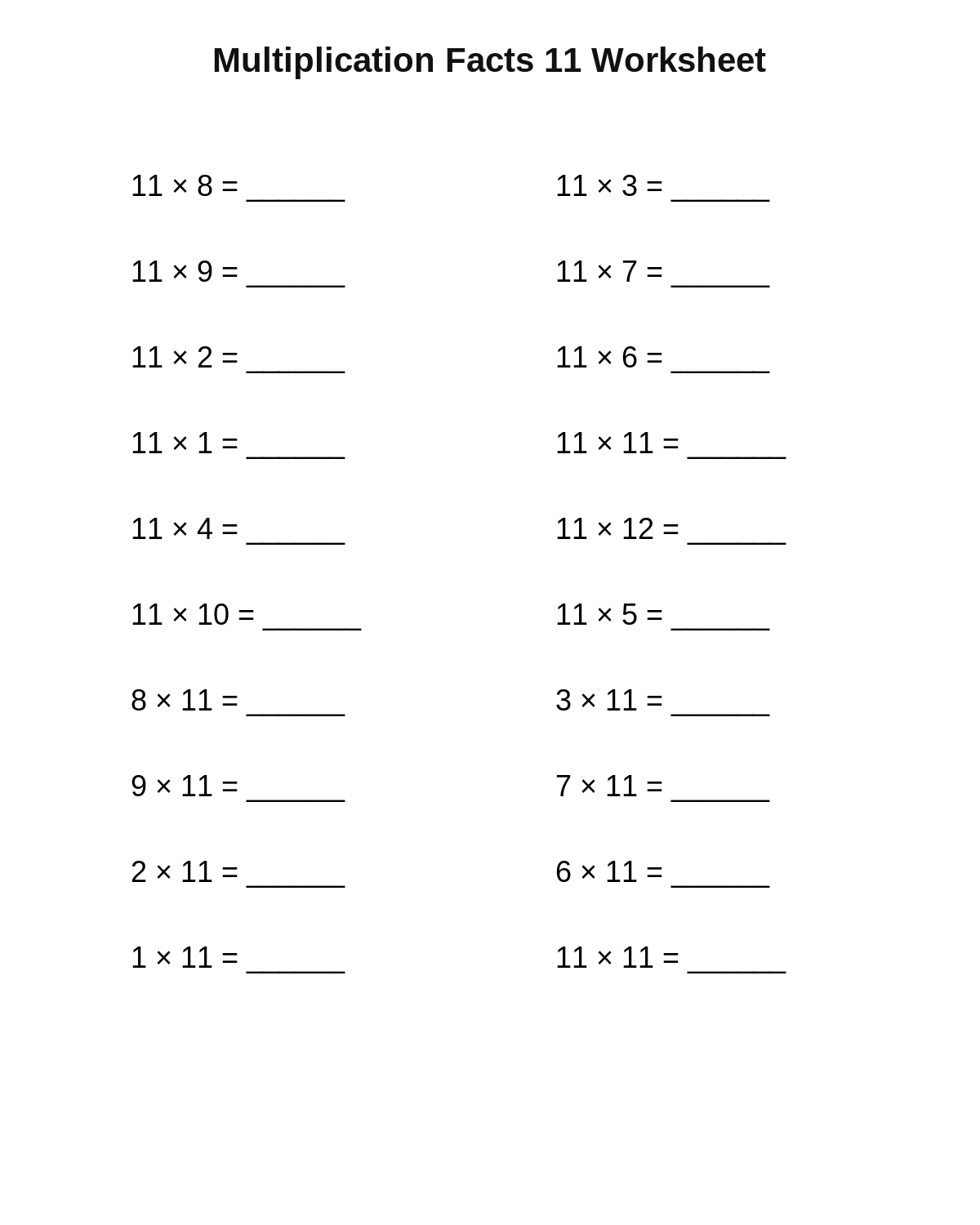 Multiplication Facts 11 Worksheet
