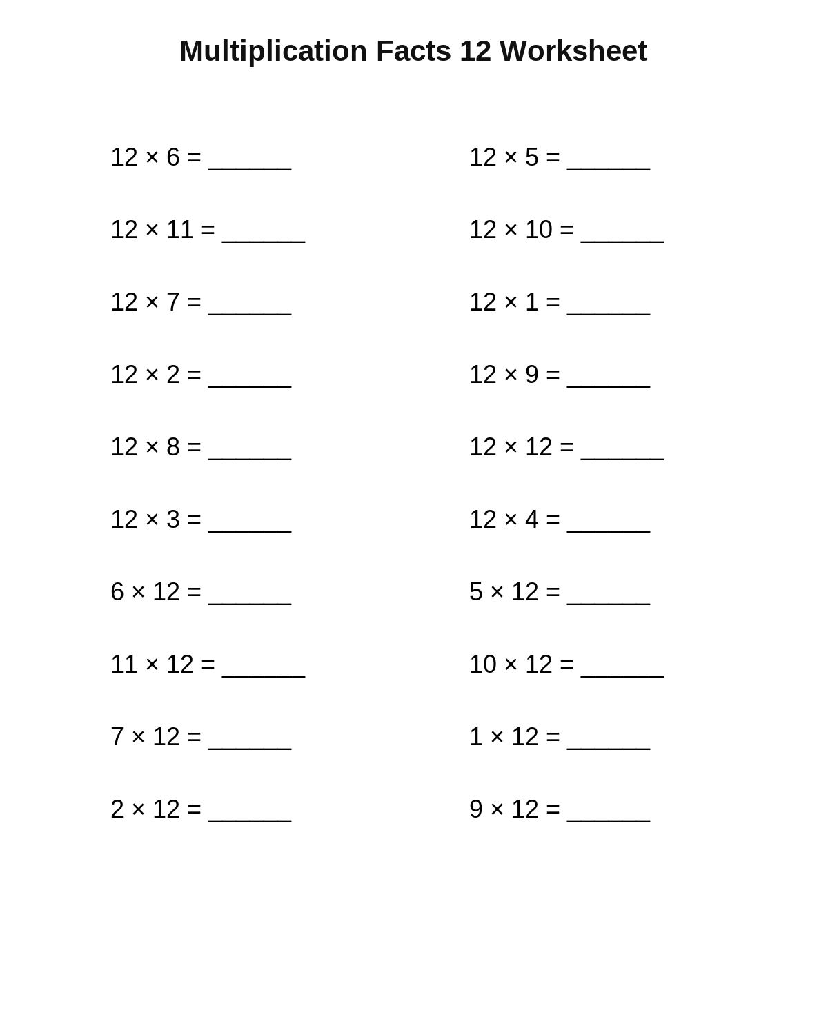 Multiplication Facts 12 Worksheet