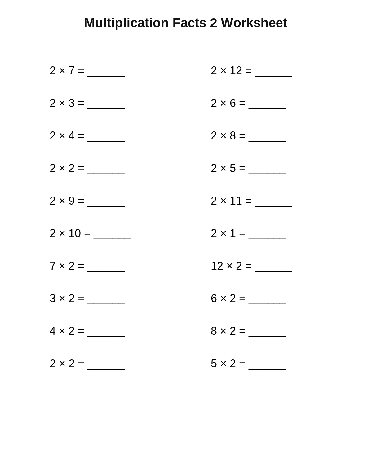 Multiplication Facts 2 Worksheet