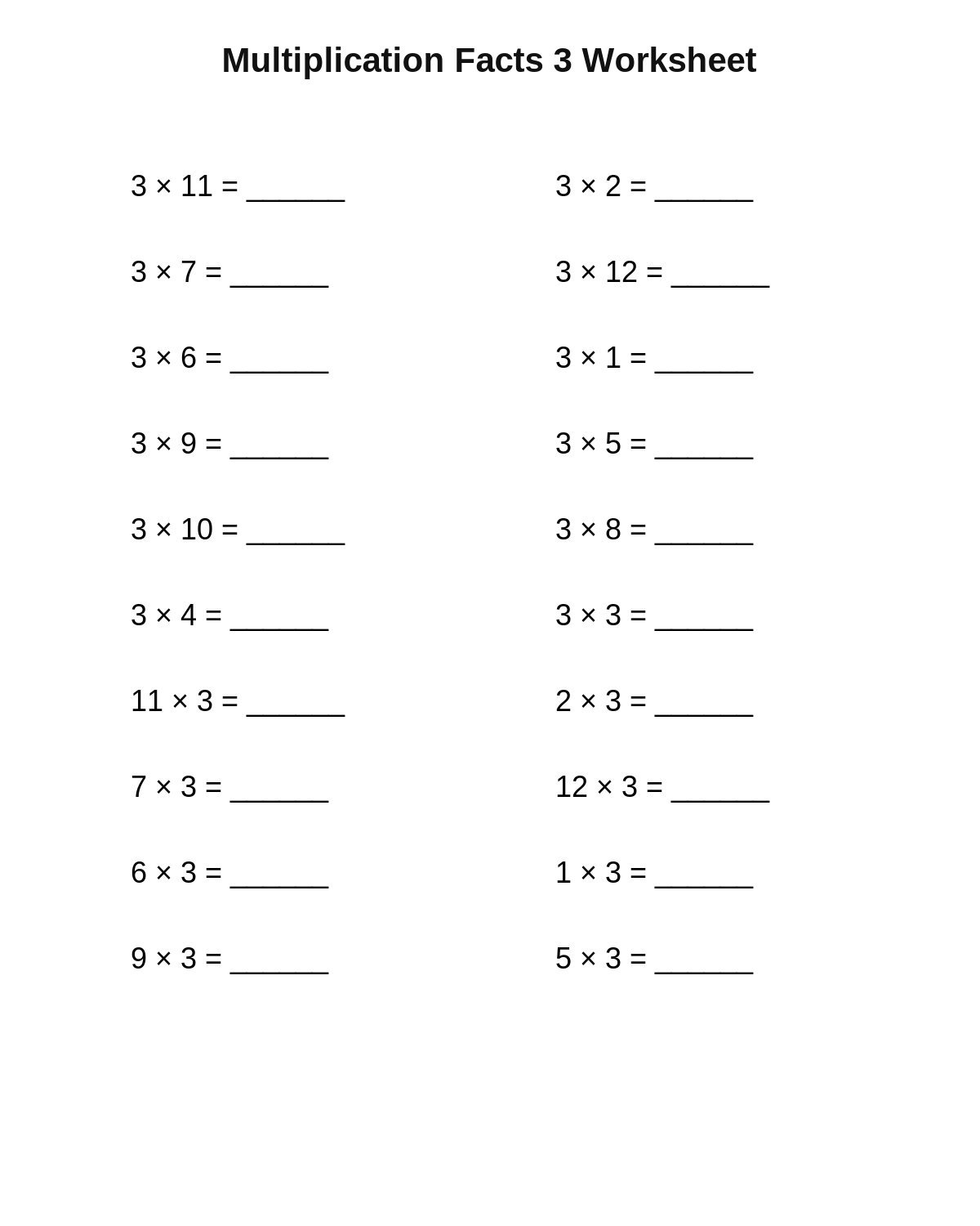 Multiplication Facts 3 Worksheet