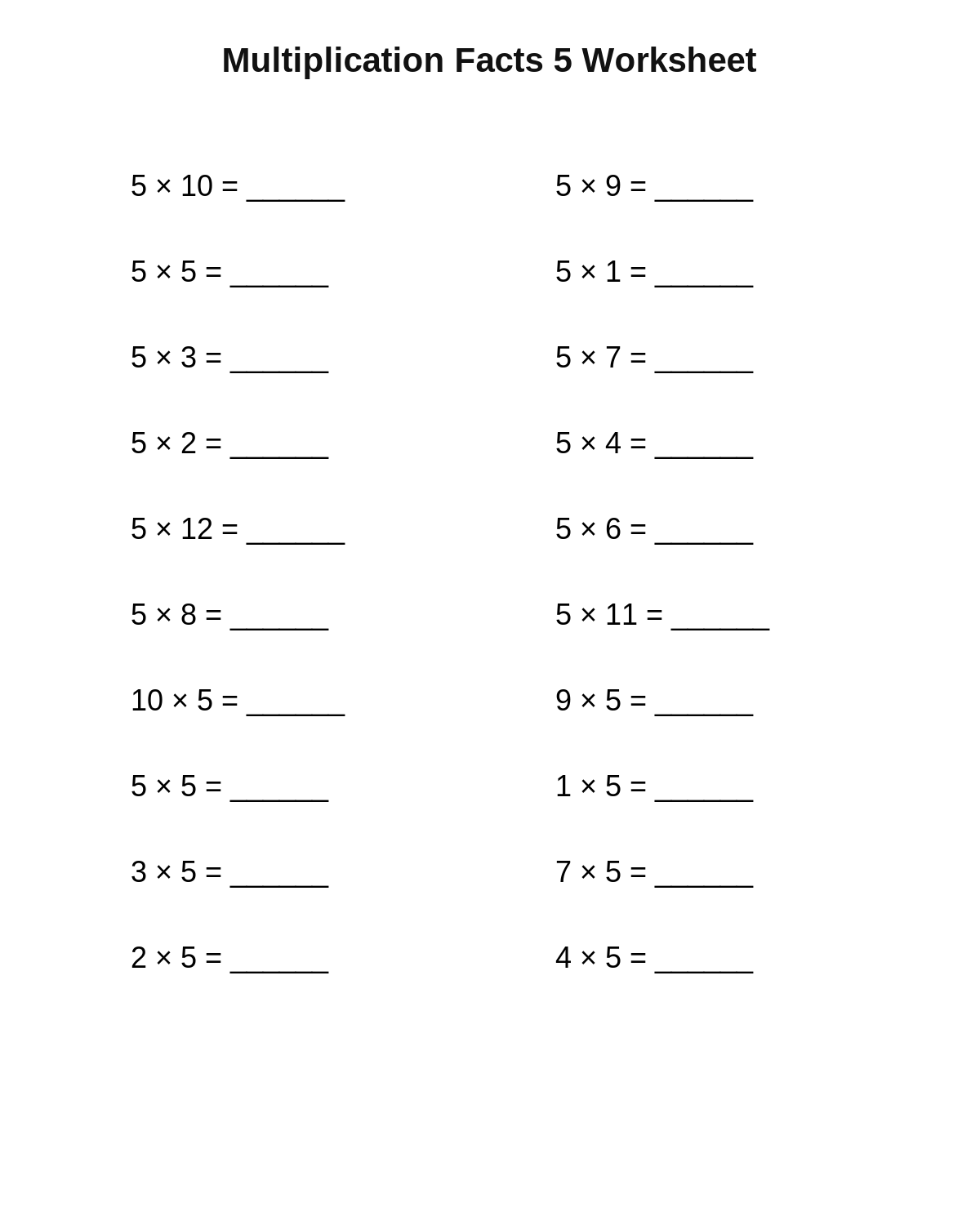 Multiplication Facts 5 Worksheet