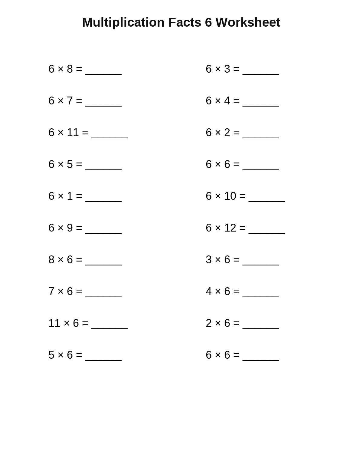 Multiplication Facts 6 Worksheet