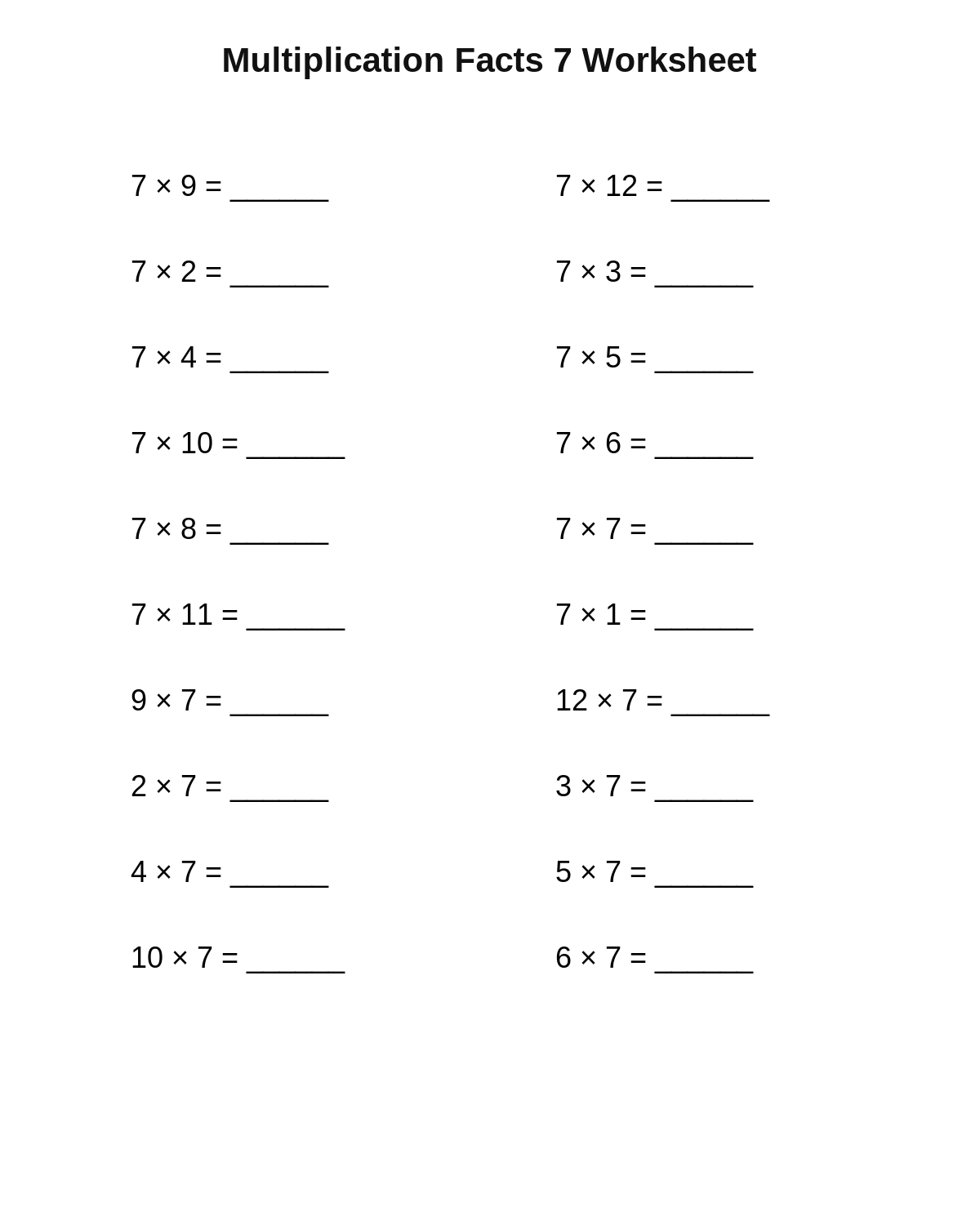 Multiplication Facts 7 Worksheet