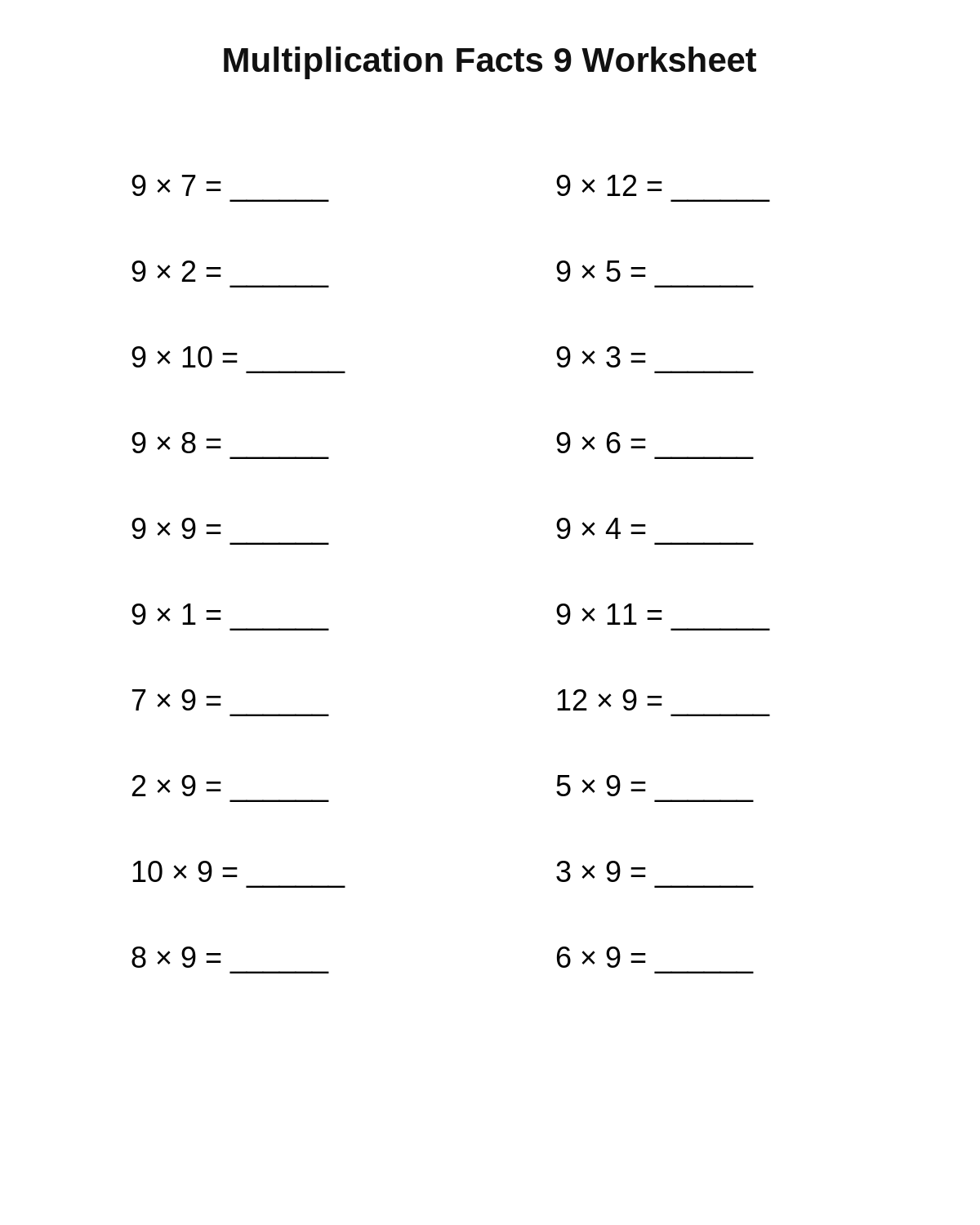 Multiplication Facts 9 Worksheet
