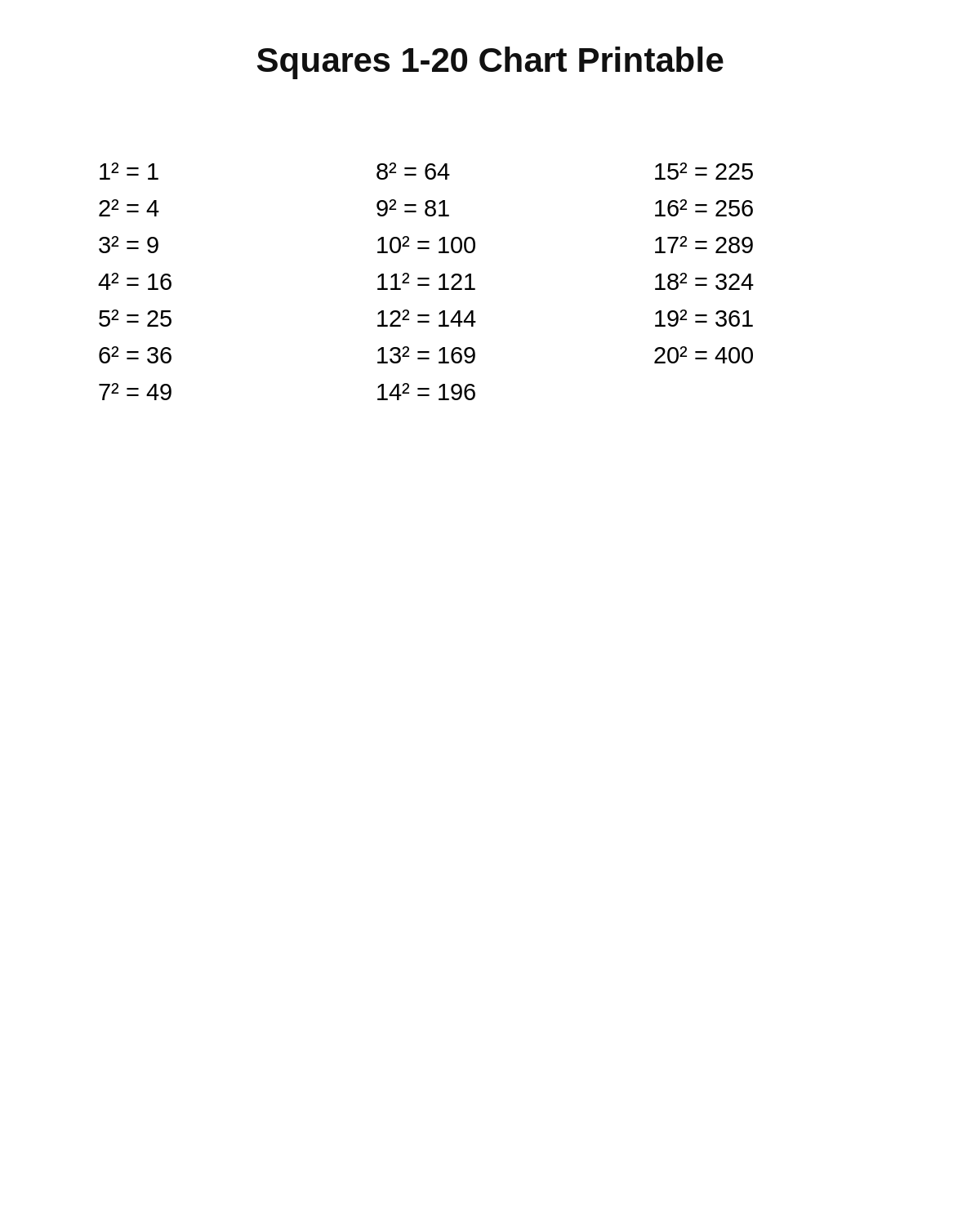 Squares 1-20 Chart Printable