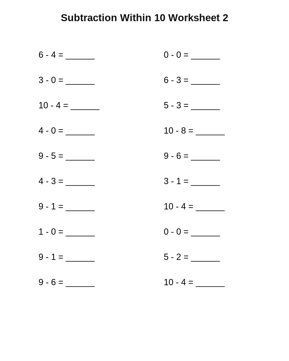 Subtraction Within 10 Worksheet 2