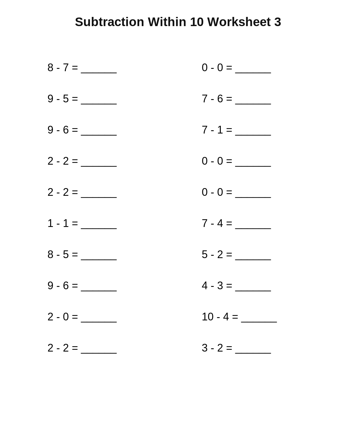 Subtraction Within 10 Worksheet 3