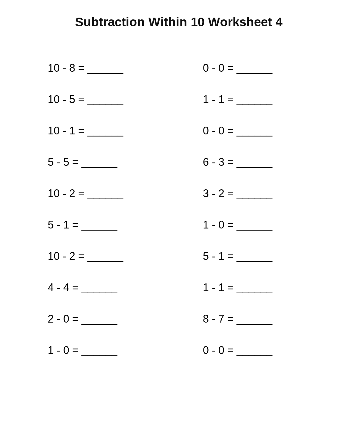 Subtraction Within 10 Worksheet 4