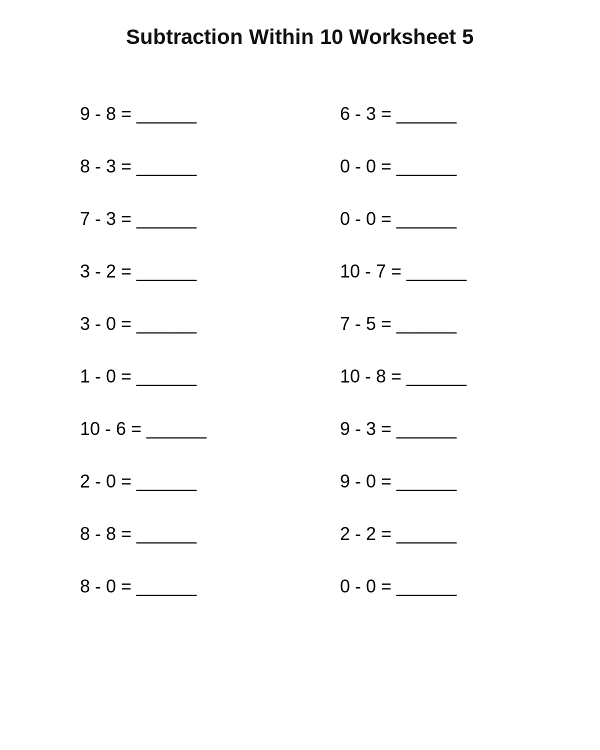 Subtraction Within 10 Worksheet 5