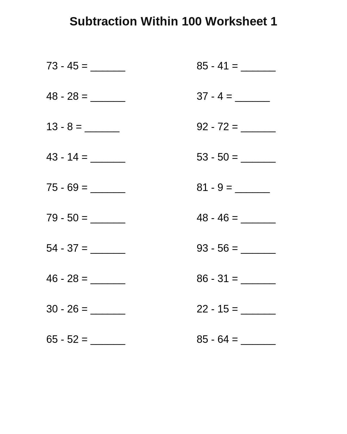 Subtraction Within 100 Worksheet 1
