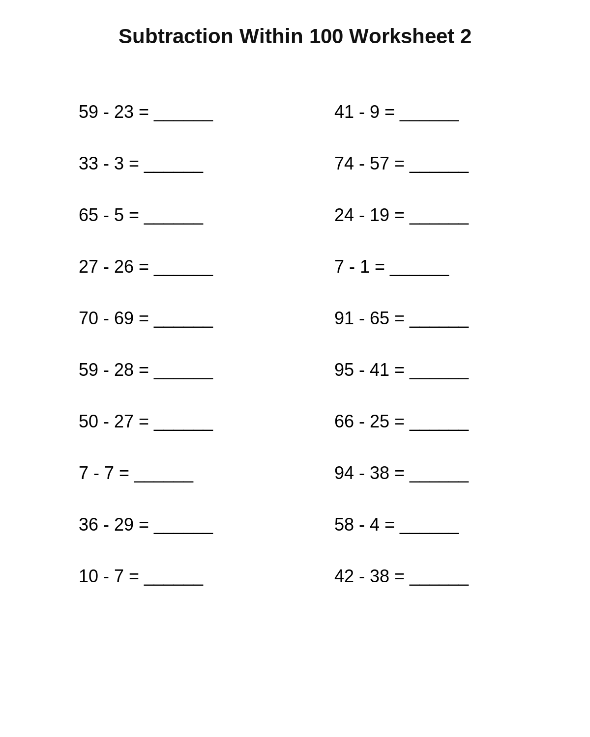 Subtraction Within 100 Worksheet 2