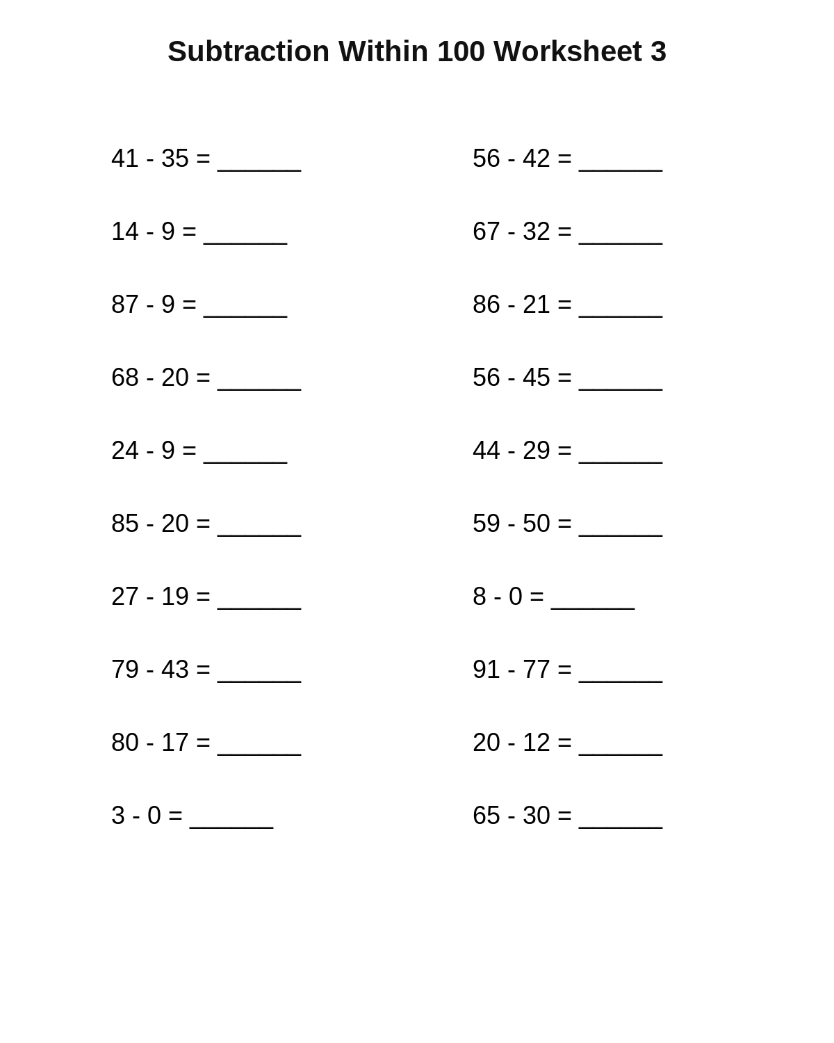 Subtraction Within 100 Worksheet 3