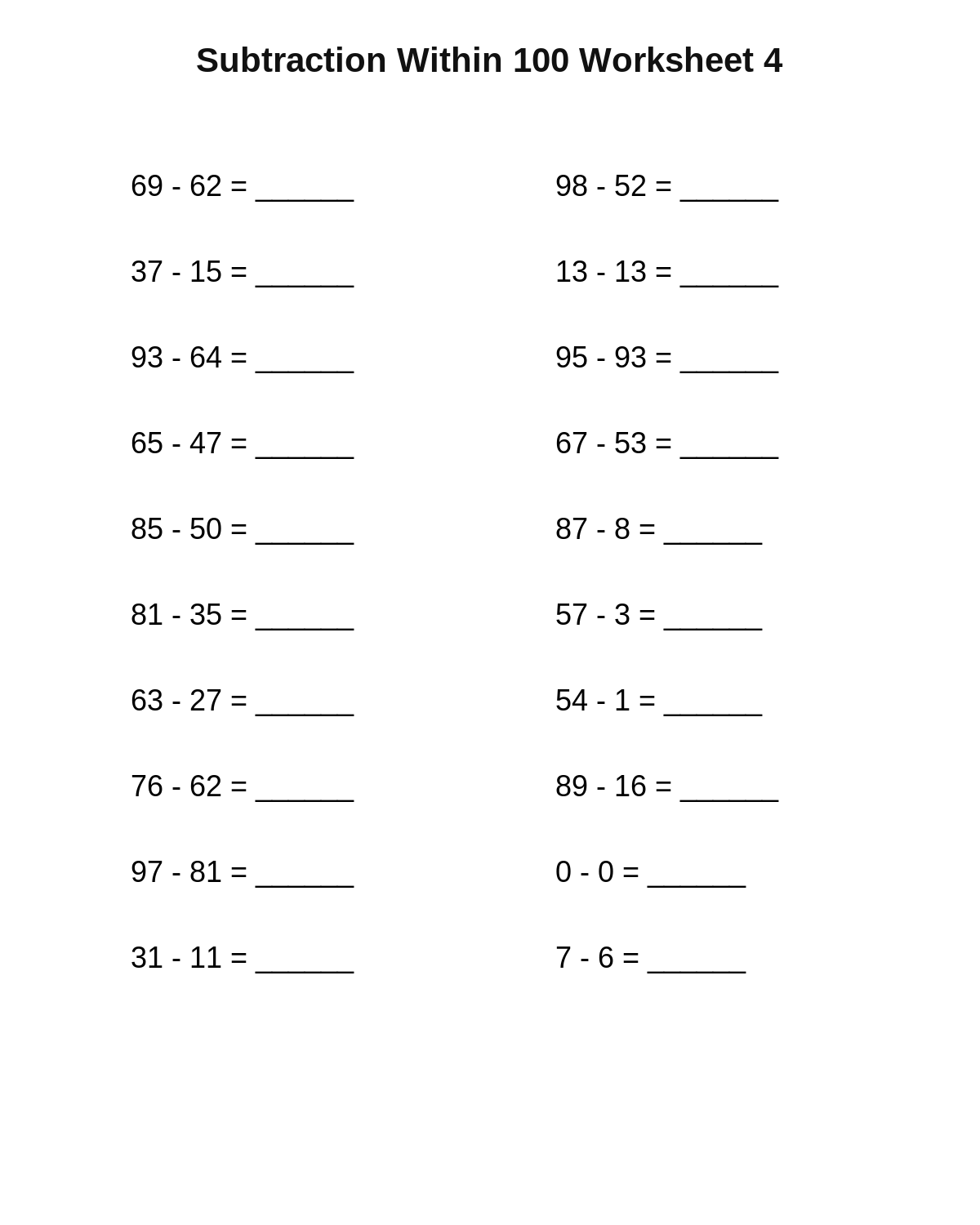 Subtraction Within 100 Worksheet 4