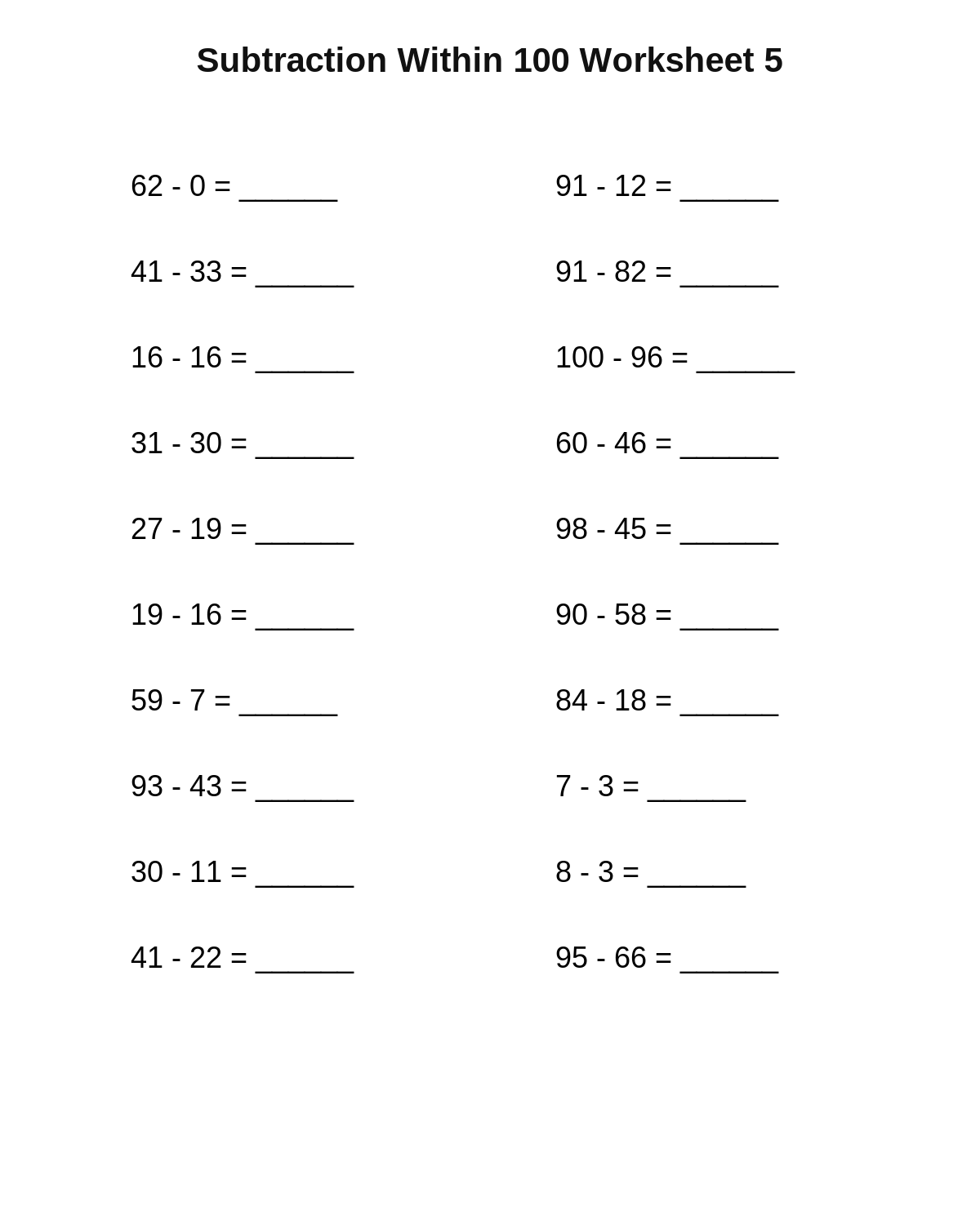 Subtraction Within 100 Worksheet 5