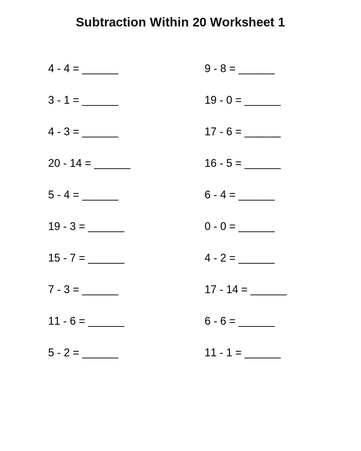 Subtraction Within 20 Worksheet 1